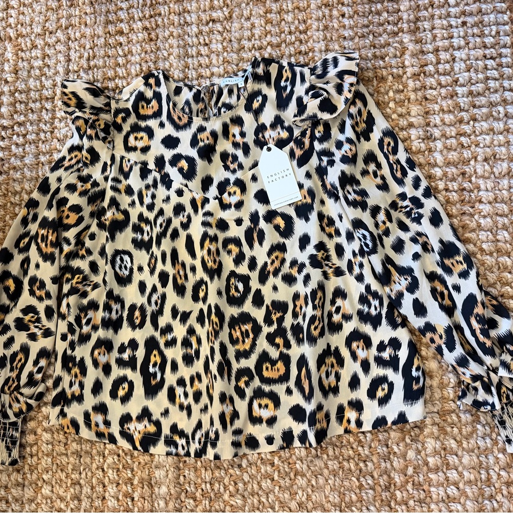 English Factory Cream Black and Tan Leopard Print Ruffle Blouse SZ Small NWT